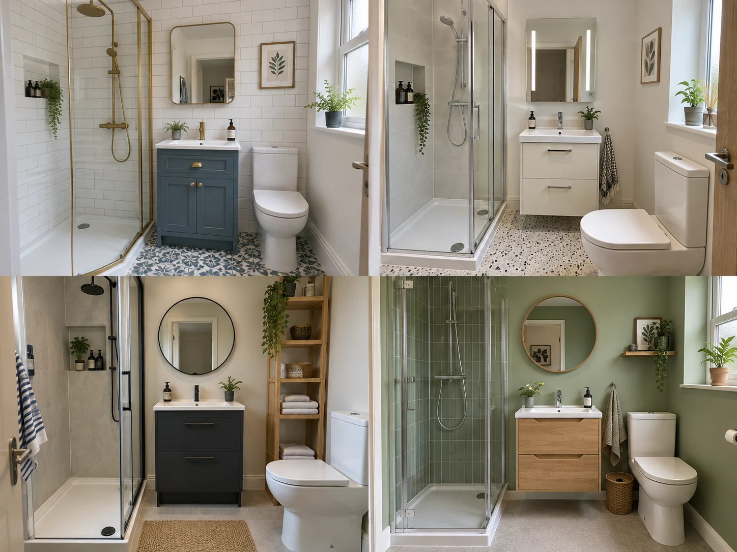 Compact shower room with muted green walls, oak vanity, chrome enclosure